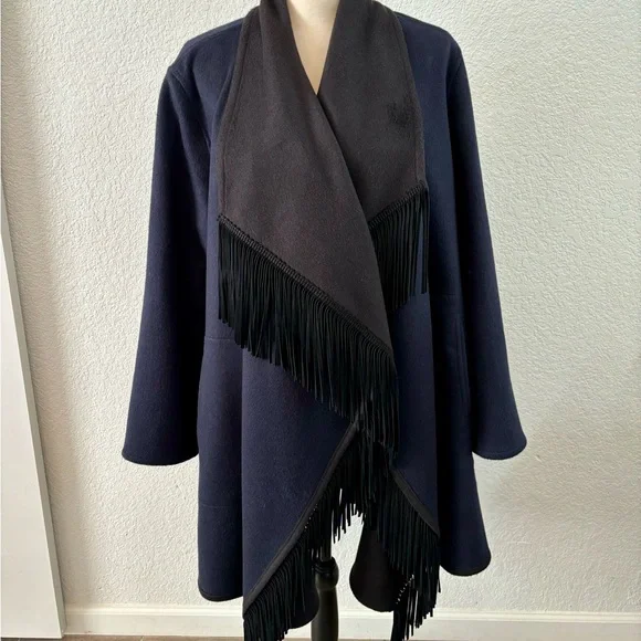 Sofia Cashmere navy and black fringe trim coat - Picture 2 of 11